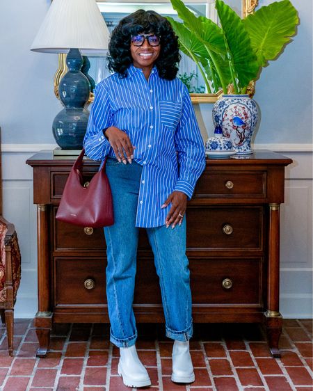 Loving a good button down lately! Target finds Pants: size 4  Top: size small
Kahlana Barfield Brown Collection 
Striped button down
Boyfriend jeans
White boots
Entryway decor 

#LTKunder50 #LTKcurves #LTKstyletip