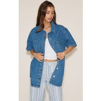Mid Blue Wash Pocket Detail Oversized Denim Shirt | PrettyLittleThing US
