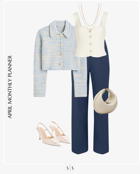 Monthly outfit planner: APRIL: Spring looks | navy trouser, lady jacket, tailored vest, sling back pumps, classic handbag 

Workwear, office attire, 9 to 5 outfit, dressy

See the entire calendar on thesarahstories.com ✨ 


#LTKsalealert #LTKworkwear