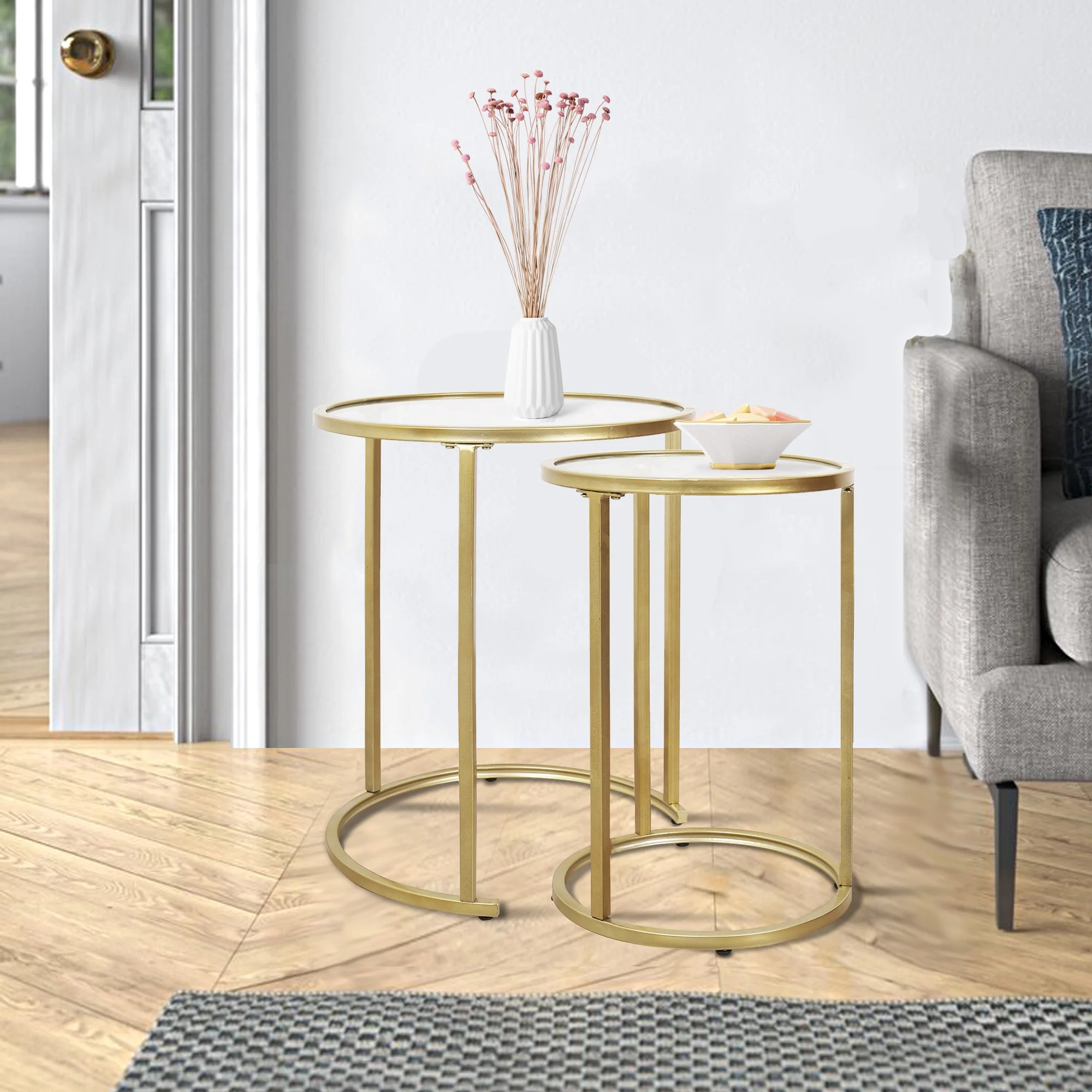ABBSR Round Gold Nest of Side End Tables Set of 2 with Clear Glass Tops,Nightstand for Living Roo... | Walmart (US)