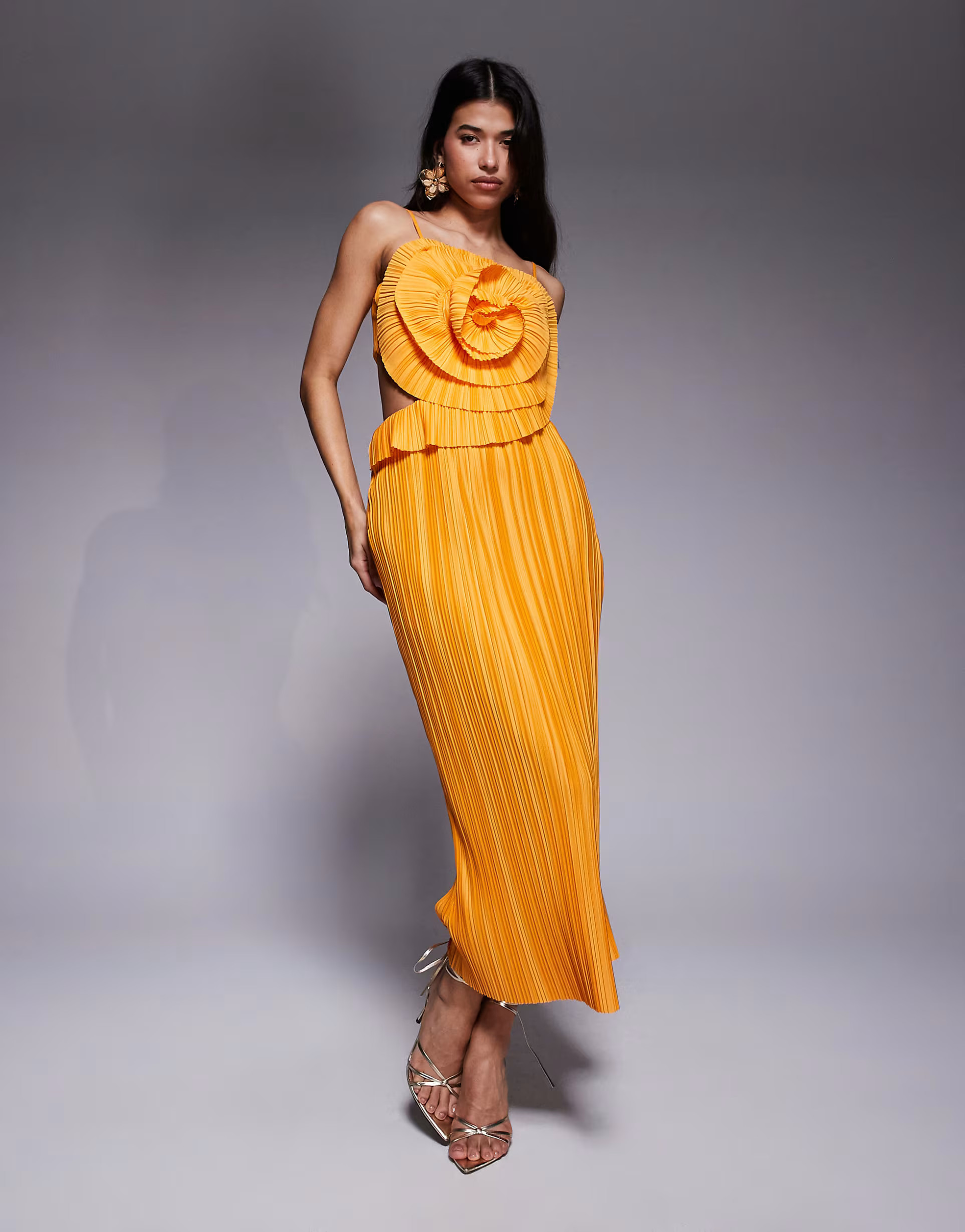 ASOS DESIGN premium plisse oversize corsage bust midi dress in apricot | ASOS (Global)