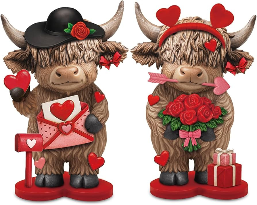 Thyle 2 Pcs Valentine's Day Highland Cow Resin Figurines, Cute Love Cow Statue with Roses and Hea... | Amazon (US)