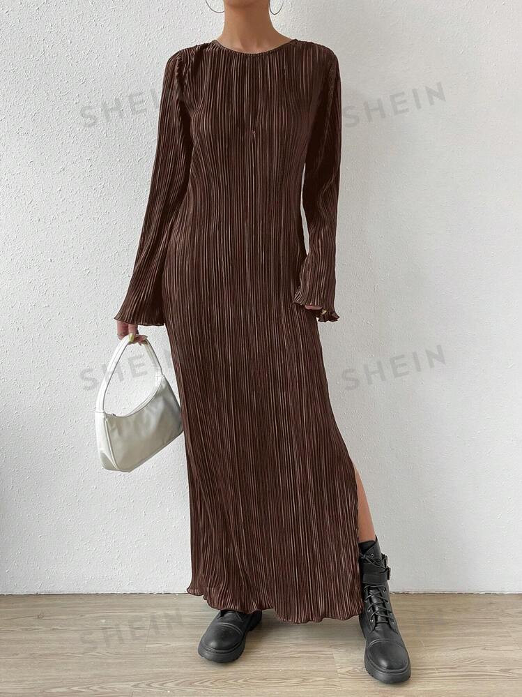 SHEIN Essnce Solid Split Hem Lettuce Trim Plisse Dress | SHEIN