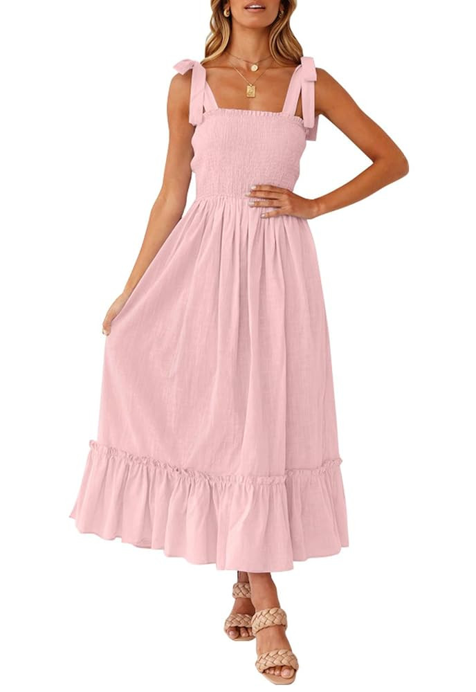 ZESICA Women's 2025 Summer Boho Spaghetti Strap Square Neck Solid Color Ruffle A Line Beach Long ... | Amazon (US)