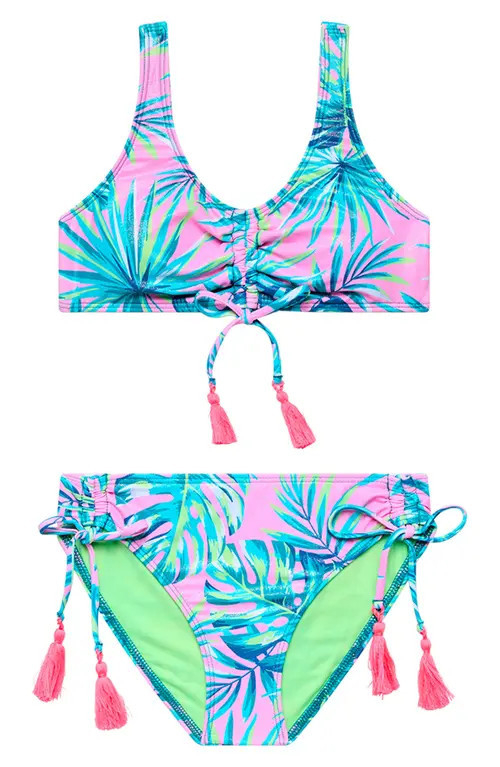 Beach Lingo Kids' Metallic Ruched Tassel Trim Two-Piece Swimsuit in Blue at Nordstrom, Size 16 | Nordstrom