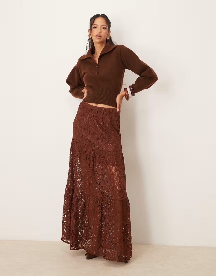 ASOS DESIGN tiered lace maxi skirt in brown | ASOS (Global)