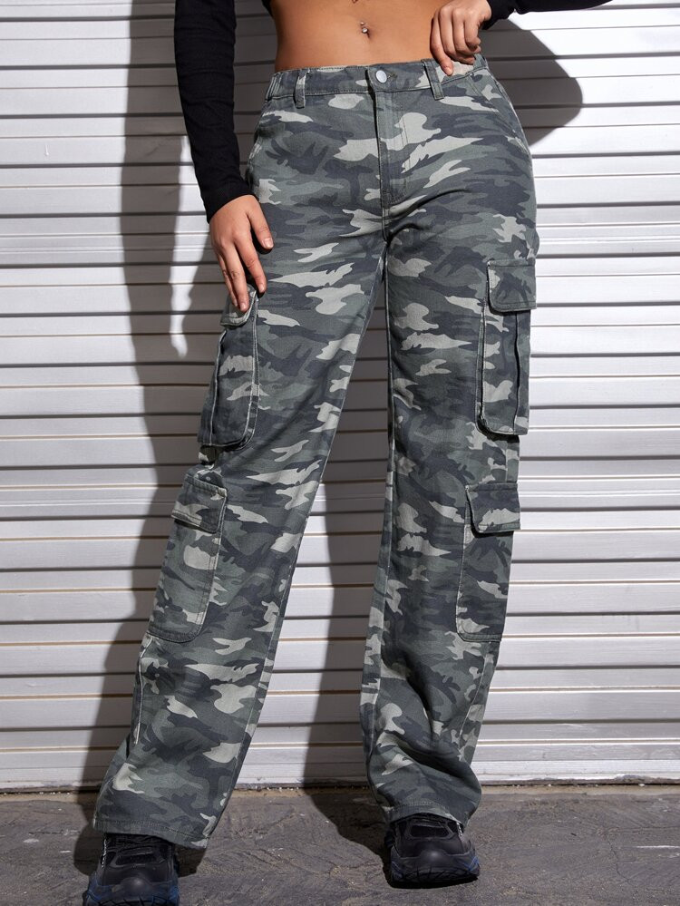 SHEIN SXY Camo Print Flap Pocket Cargo Jeans | SHEIN