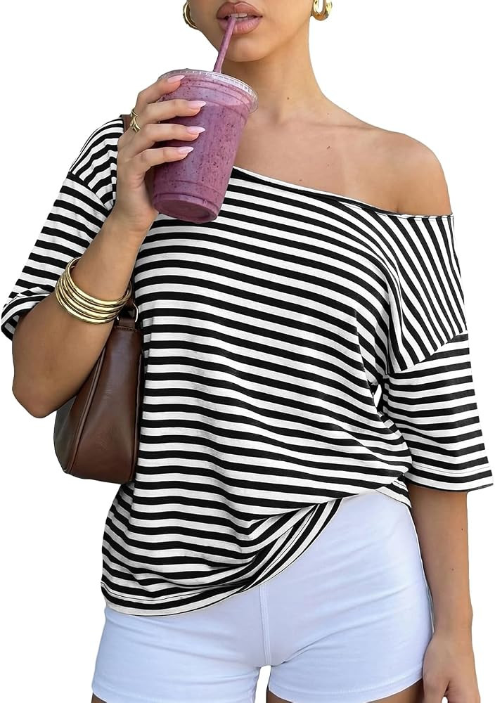 Cioatin Women Oversized Off Shoulder Striped Tee Tops Y2K Aesthetic Clean Fit Short Sleeve Tshirt... | Amazon (US)