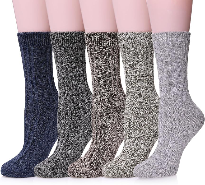 MQELONG Womens 5 Pairs Soft Thick Comfort Casual Cotton Warm Wool Crew Winter Socks | Amazon (US)