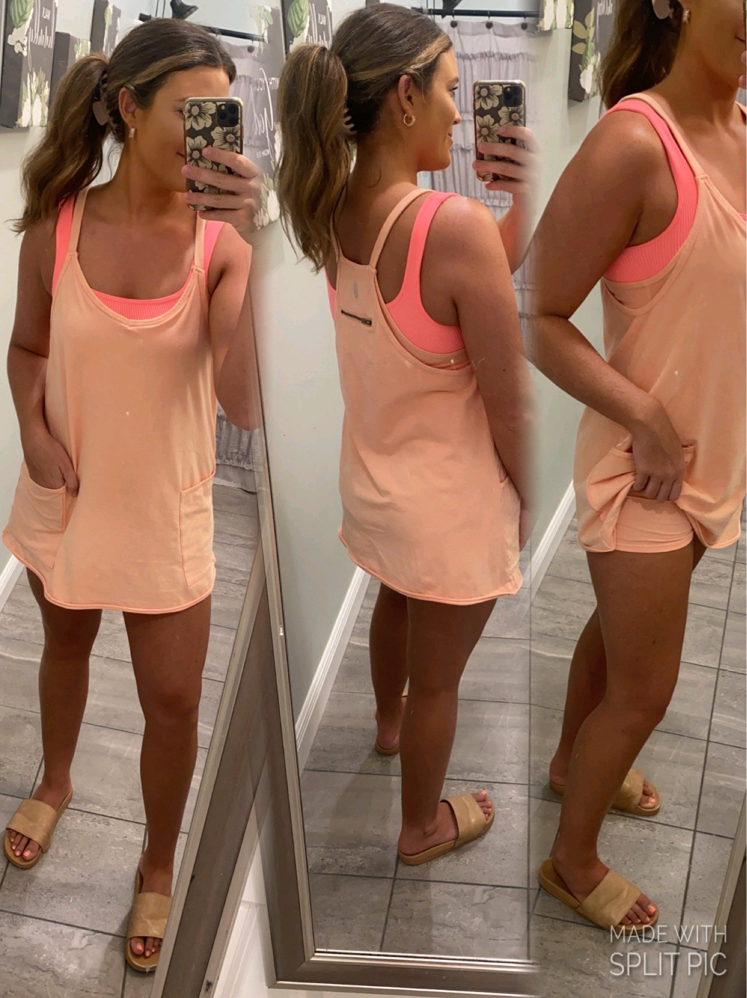Obsessed with this active dress! Super comfy and perfect for hot summers! It has built in shorts underneath as well as a built in tank (not padded bra)! I paired it with a brami to add to it! I am in the medium and it fits true to size! I am 5’7 so I would say if you are taller than that then it may be too short! I feel secure though since it has the shorts underneath! Wearing the color peach bud! Also linked the amazon dupe! #freepeople #hotshotminidress 
