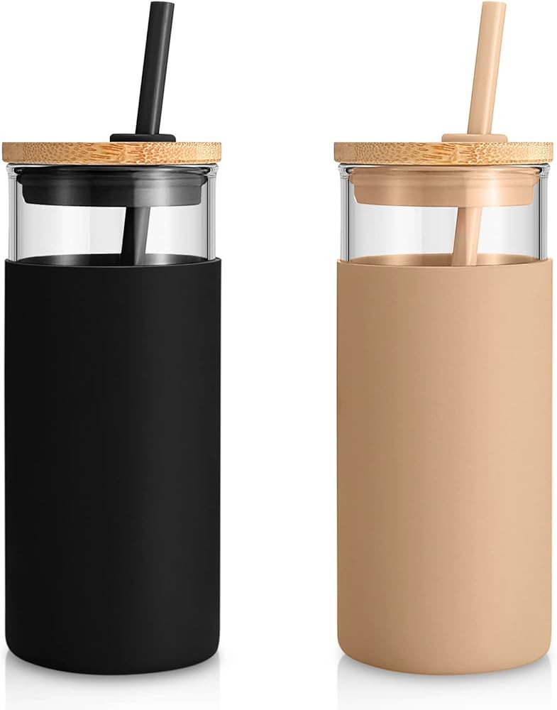 Tronco 20 oz Glass Tumbler with Straw and Bamboo lid,Wide Mouth Smoothie Cups,Reusable Iced Coffe... | Amazon (CA)