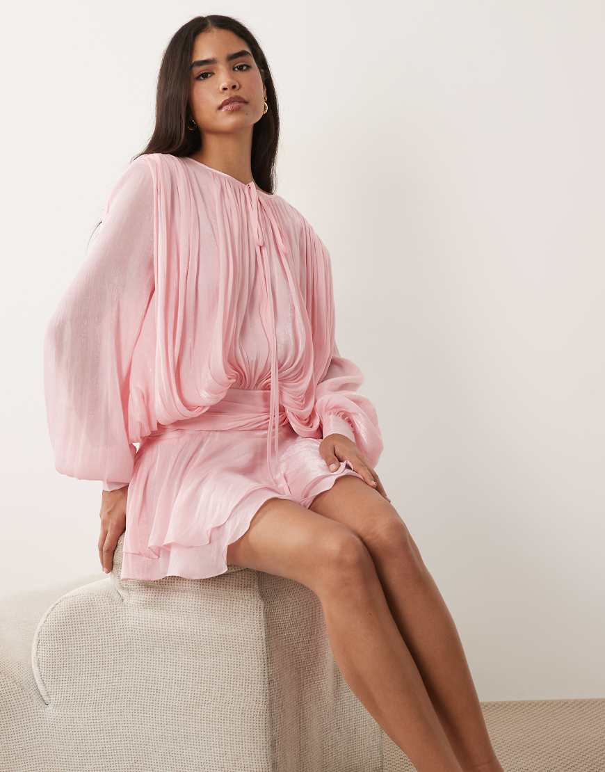 Lioness Elements high sheen chiffon drape detail balloon sleeve tie waist mini dress in baby pink | ASOS (Global)