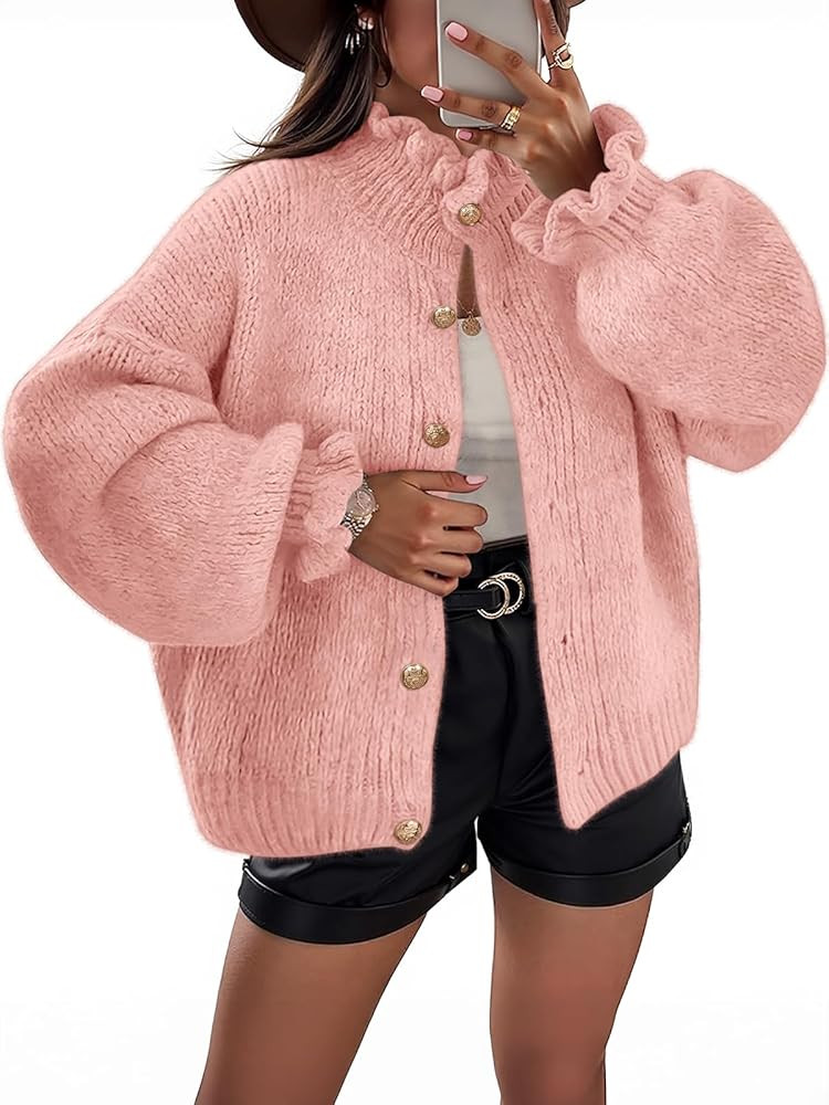MEROKEETY Women's Ruffle Cardigan Sweaters 2025 Trendy Fashion Button Down Chunky Long Sleeve Cas... | Amazon (US)