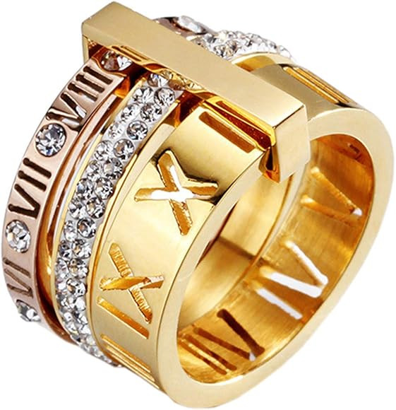 PAMTIER Women's Stainless Steel with Zirconia Roman Numerals 3 in 1 Ring | Amazon (US)