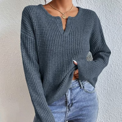 Womens Sweater V Neck Long Sleeve Pullover Knit Sweater Dark Blue S | Target