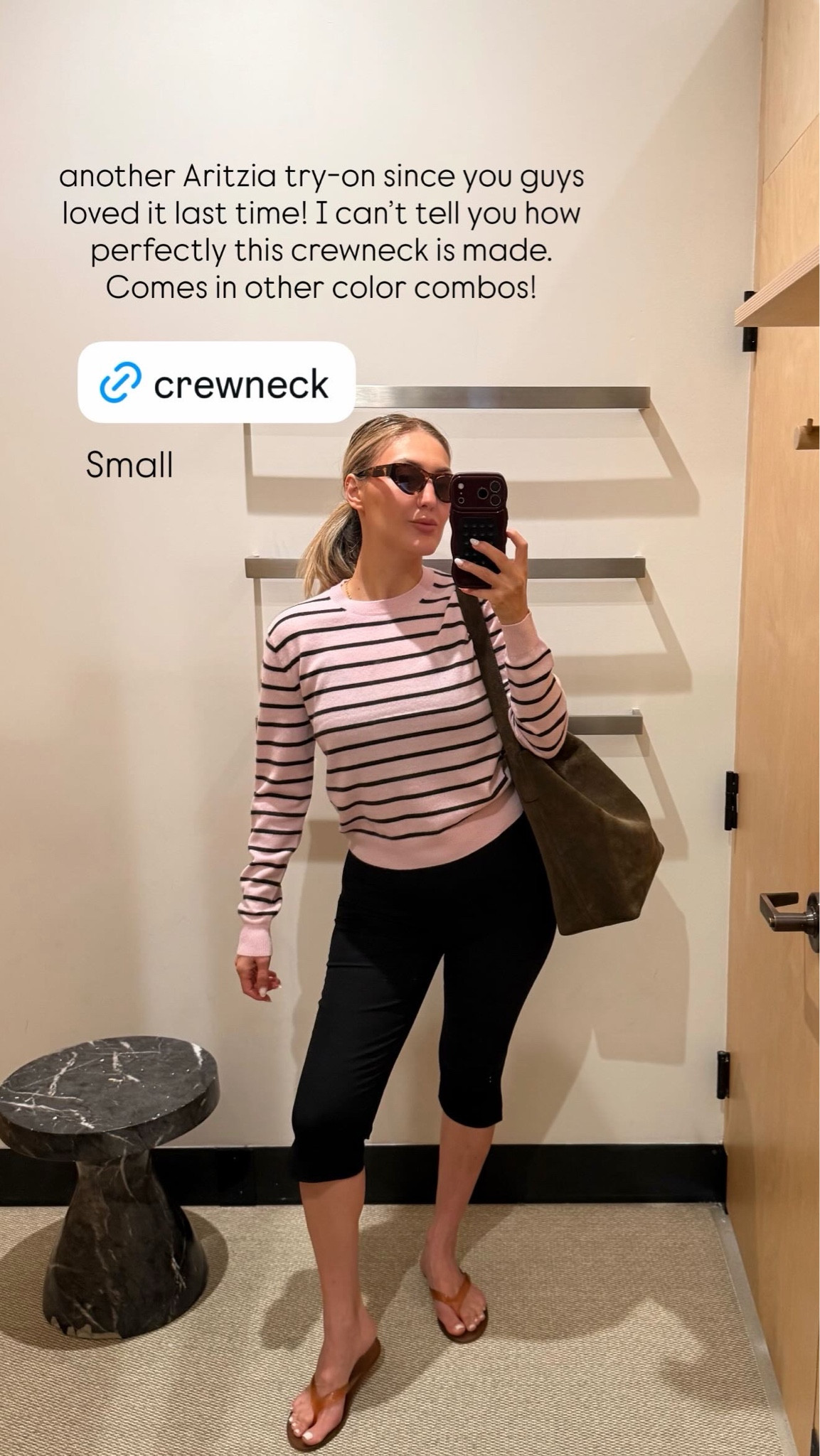Aritzia try-on postpartum 

Pink striped crewneck - size S/P (sooo good!!) 
Capris pants - size 6 (Soooo good!!)
Cateye women’s polarized sunglasses - in coffee and crème 
Jelly sandals in caramel, TTS or size one up
Suede bucket bag - in olive, linked the new version

Aritzia haul 
Aritzia favorites 
Postpartum outfits 
Fall outfits 
Transitional fall outfits 
Madewell handbag

@Aritzia 
@Madewell

#LTKxMadewell #LTKmomlife #LTKootd