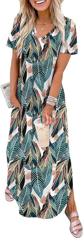 Women's Summer Short Sleeve Dresses Maxi Dress Vacation Beach Sundresses 2026 with Pockets | Amazon (US)