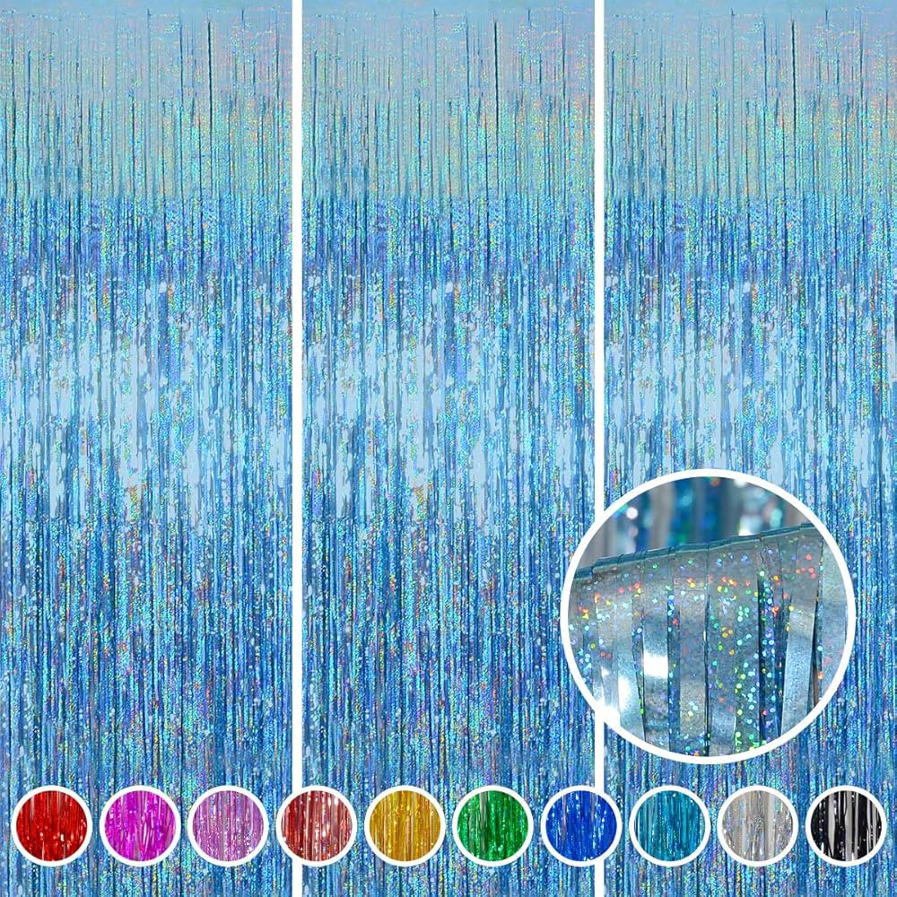 Foil Fringe Curtains Party Decorations - Melsan 3 Pack 3.2 x 8.2 ft Tinsel Curtain Party Photo Ba... | Amazon (US)