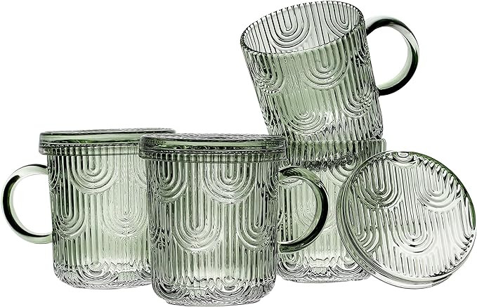 Lysenn Glass Coffee Mugs Set of 4 - Premium Crystal Glass Mugs with Lids – Unique Design Coffee... | Amazon (US)