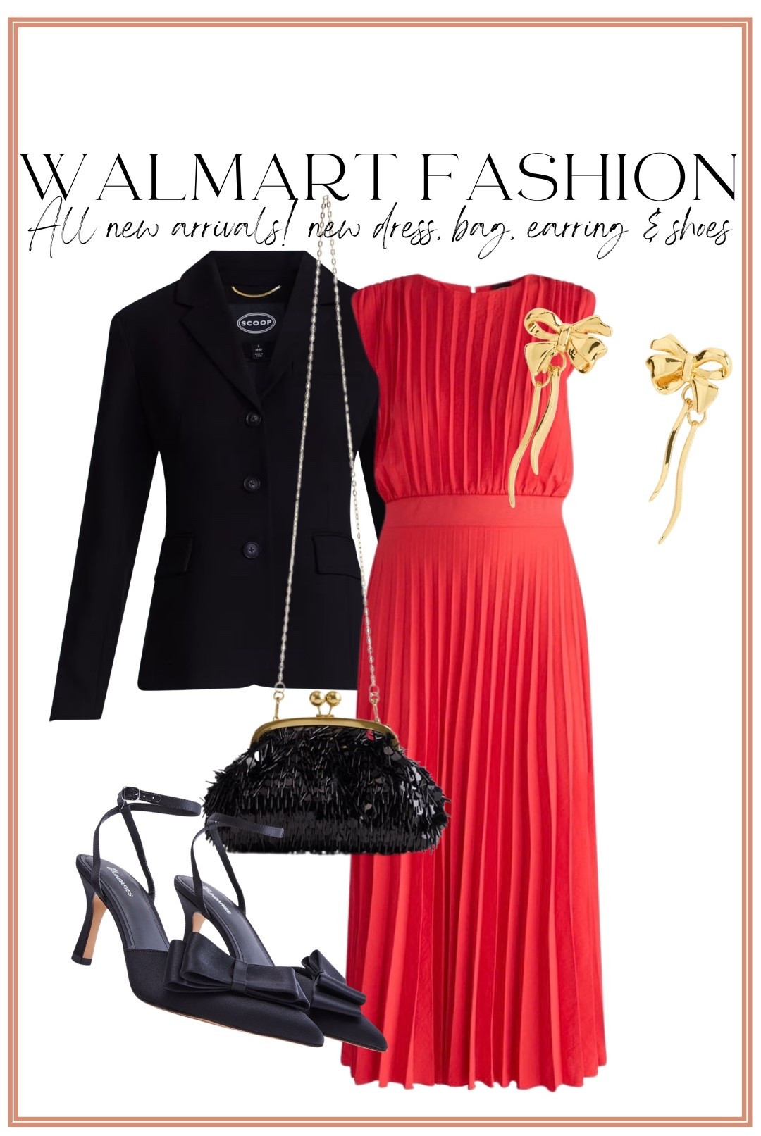 Walmart fashion is SO good right now! ❤️✨ This entire look is made up of new Walmart fashion arrivals, and every detail feels so elevated! The gorgeous red pleated dress paired with a classic black blazer is such a chic combination, and the bow heels, statement bow earrings, and textured black handbag make the prettiest finishing touches. 🎀🖤

Perfect for holiday parties, Christmas events, weddings, dinners, or any occasion when you want an affordable outfit that looks anything but! Walmart is seriously bringing the designer-inspired style this season. ✨

#WalmartFashion #WalmartFinds #WalmartNewArrivals #WalmartStyle #AffordableFashion #HolidayOutfit #HolidayFashion #ChristmasOutfit #PartyDress #RedDress #AffordableStyle #WalmartDress #HolidayPartyOutfit #WalmartShoes