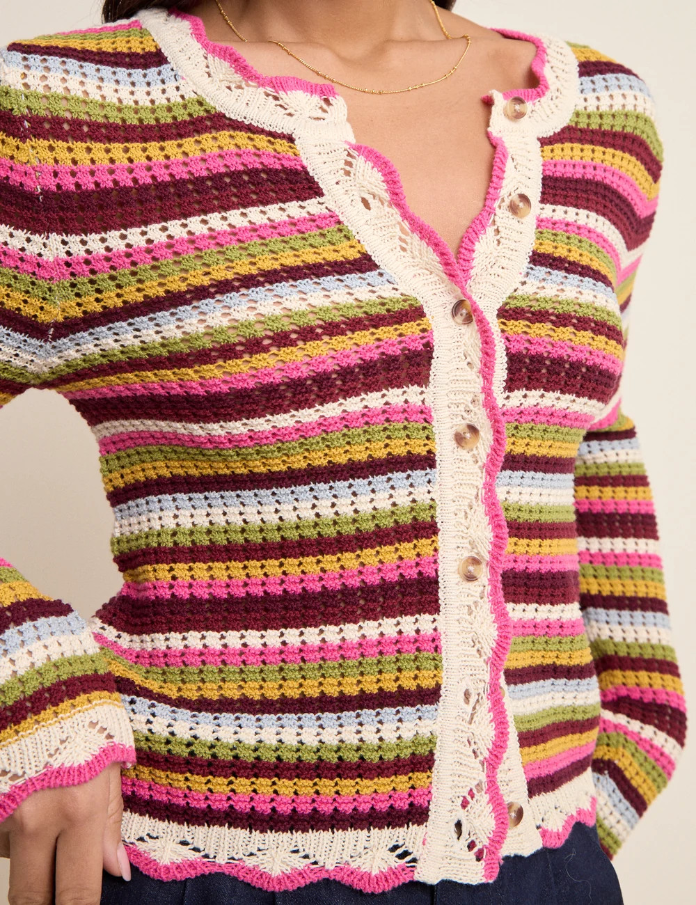 Multi-Coloured Striped Scallop Crochet Cardigan | Nobody's Child