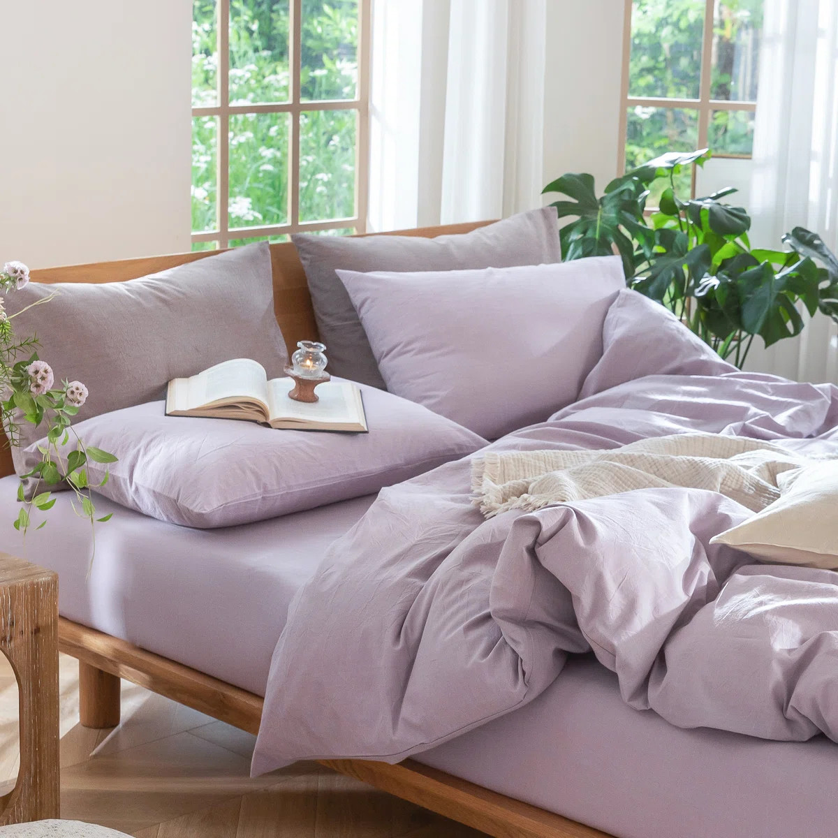MooMee Duvet Cover Set 100% Washed Cotton Linen Like Textured Lightweight | Wayfair North America