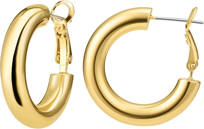 Amazon.com: Chunky Hoop Earrings for Women 18K Real Gold Plated Thick Round Gold Hoops Earrings H... | Amazon (US)