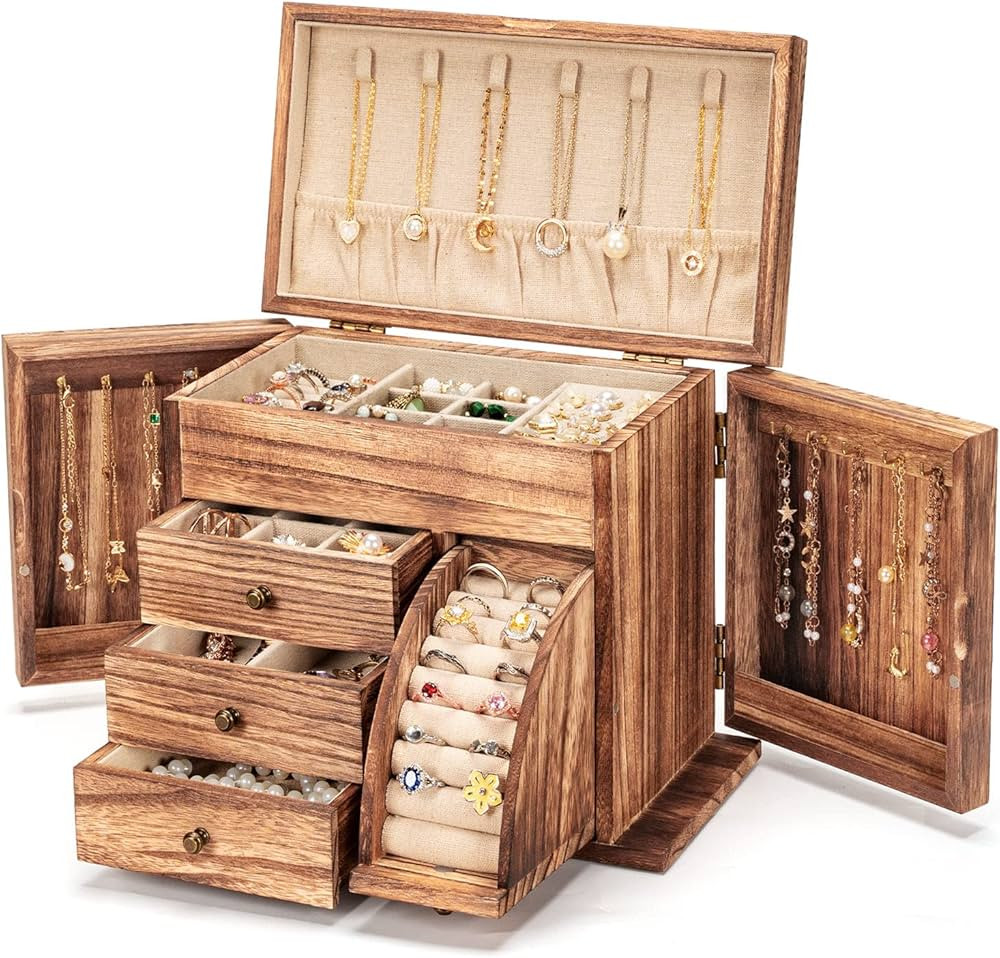 Poyilooo Jewelry Box Organizer, Solid Wood Jewelry Boxes for Women for Storage & Display Necklace... | Amazon (US)