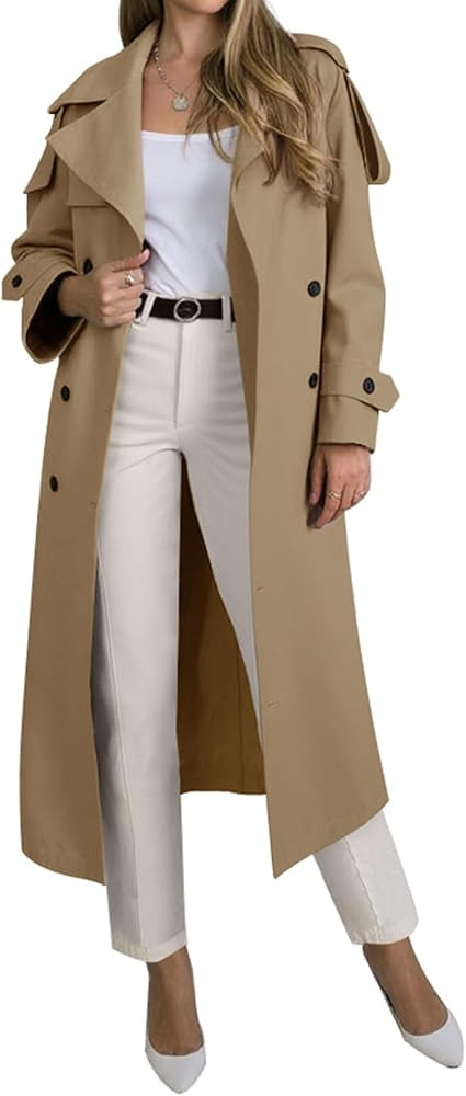 Muchpow Women's Long Trench Coat Double Breasted Lapel Oversized Windproof Overcoat with Belt | Amazon (US)