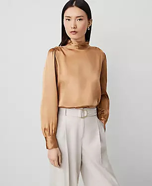 Silk Shirred Mock Neck Blouse | Ann Taylor (US)