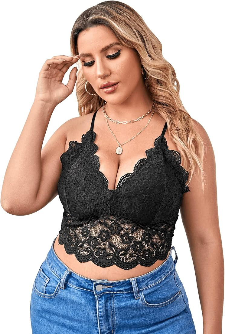 SOLY HUX Women's Plus Size Sexy Floral Lace Scalloped Trim Wireless Bra Adjustable Strap V Neck Ever | Amazon (US)