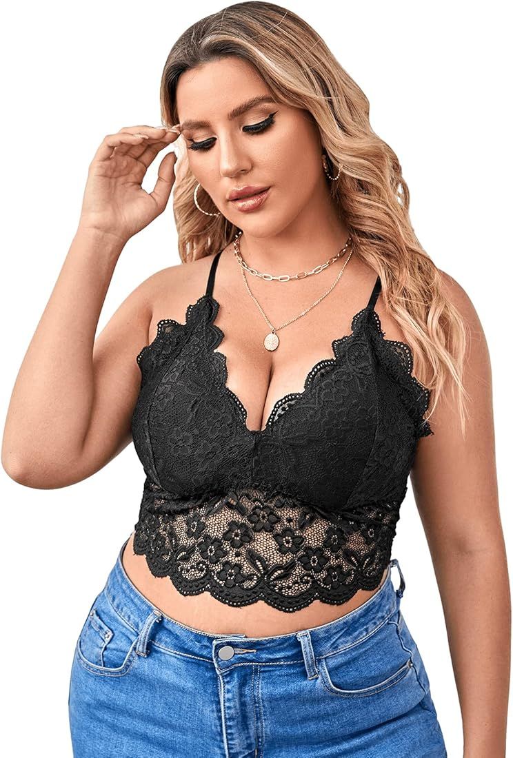 SOLY HUX Women's Plus Size Sexy Floral Lace Scalloped Trim Wireless Bra Adjustable Strap V Neck Ever | Amazon (US)