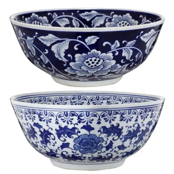 Set of 2 Ceramic Bowls, Blue and White, - Overstock - 21655554 | Bed Bath & Beyond
