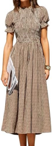 RIHOAS Plaid Gingham Midi Dress Short Sleeve Smocked Dresses for Women | Cotton,Ruffle Puff Sleev... | Amazon (US)
