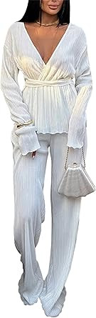 CALEBGAR Women's Fall 2 Piece Pleated Sets Long Sleeve Open Front Shirt with Belt Flare Wide Leg ... | Amazon (US)