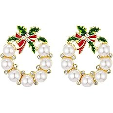 Gold Christmas Wreath Stud Earrings for Women, Simulated Pearl Hoop Drop Earrings Christmas, E01N | Amazon (US)