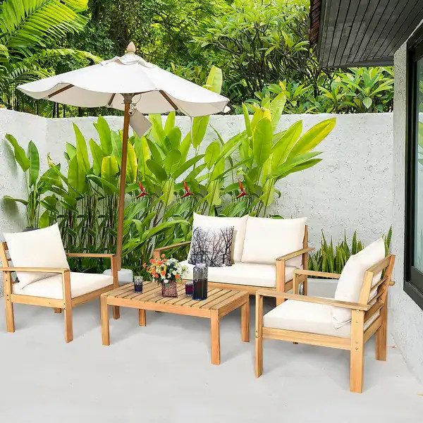 Outdoor 4 Piece Acacia Wood Chat Set Conversation Sofa and Table Set | Bed Bath & Beyond