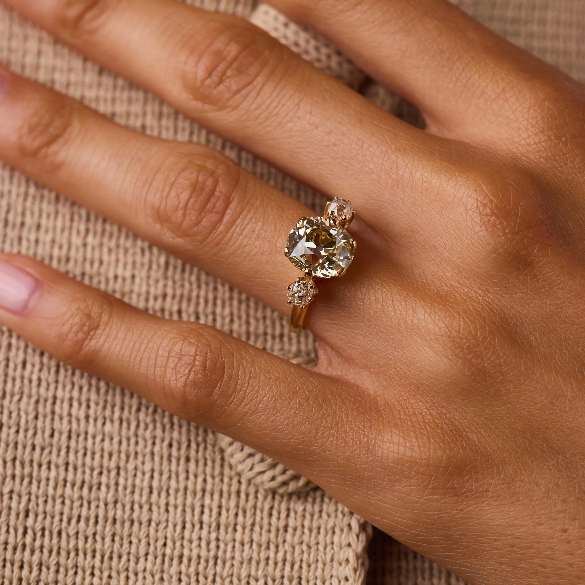 GIA 4.51 carat old mine cut diamond 18k yellow gold ring | Trumpet & Horn