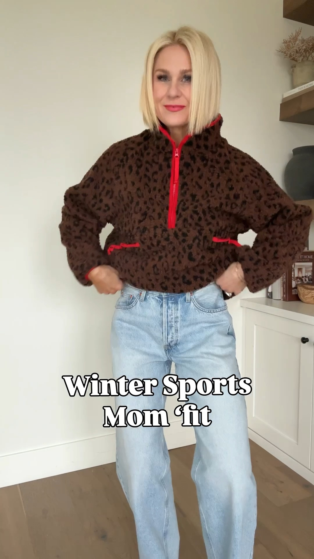 Cozy but cute winter outfit ❄️ Perfect for sports mom days, errands, travel, coffee runs, or literally any winter plans. 
Loving this dark leopard + red piping Sherpa, my fave baggy jeans, neutral sneakers, and a quilted Target bag full of snacks.
Sizing: 
Sherpa fits TTS, wearing a medium. 
Jeans fit TTS, wearing 4 regular length (you could size down for a less baggy fit).
Always go 1/2 down in adidas sneakers 

#LTKOver40 #LTKgrwm #LTKmomlife