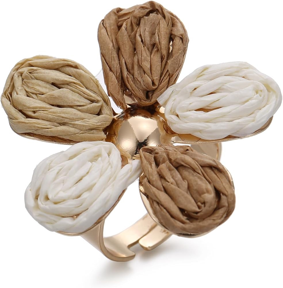 Women's Raffia Flower Ring, Handmade Adjustable Spring Summer Jewelry | Amazon (US)