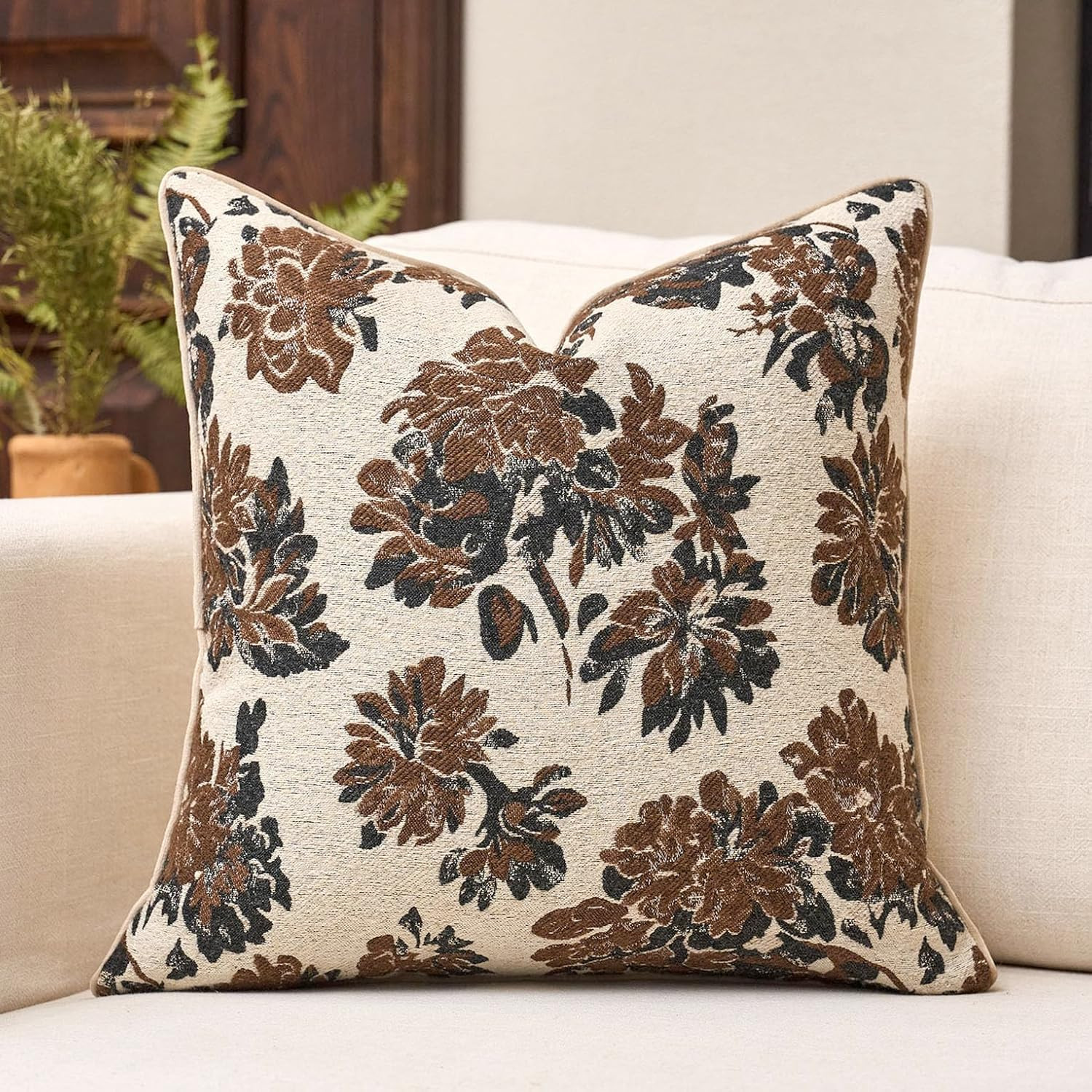 Beige Brown Floral Throw Pillow Cover 18x18 Fall Vintage Flower Pillow Cover Farmhouse Cushion Cover Neutral Summer Outdoor Chenille Pillowcase Home Decor for Couch Sofa Bedroom Living Room | Amazon (US)