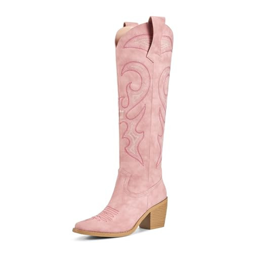 wetkiss Pink Cowboy Boots for Women Knee High, Cowgirl Boots Women with Zipper Pointed Toe, Tall Block Heel Western | Amazon (US)