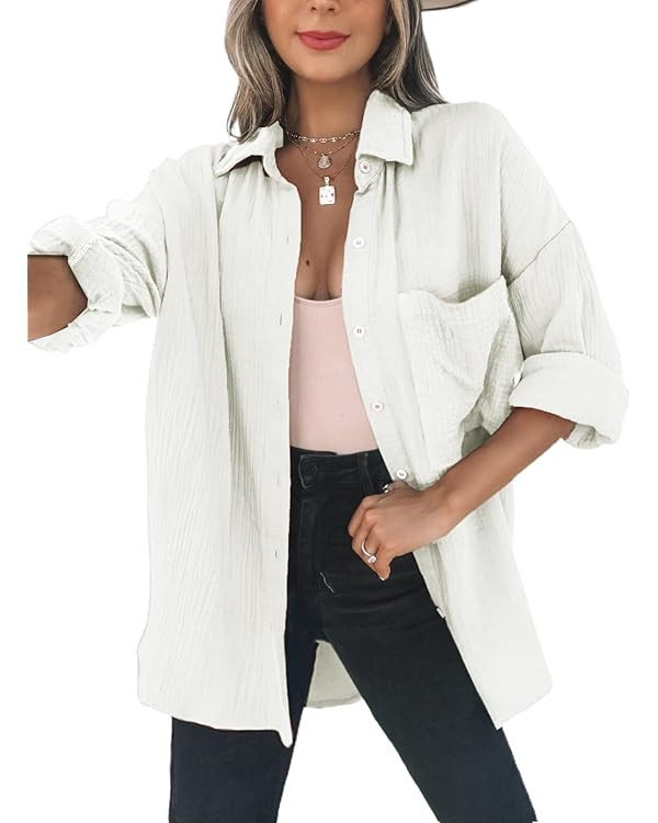 Dokotoo Womens Color Block Button Down Shirts Long Sleeve Oversized Boyfriend Blouses Tops | Amazon (US)