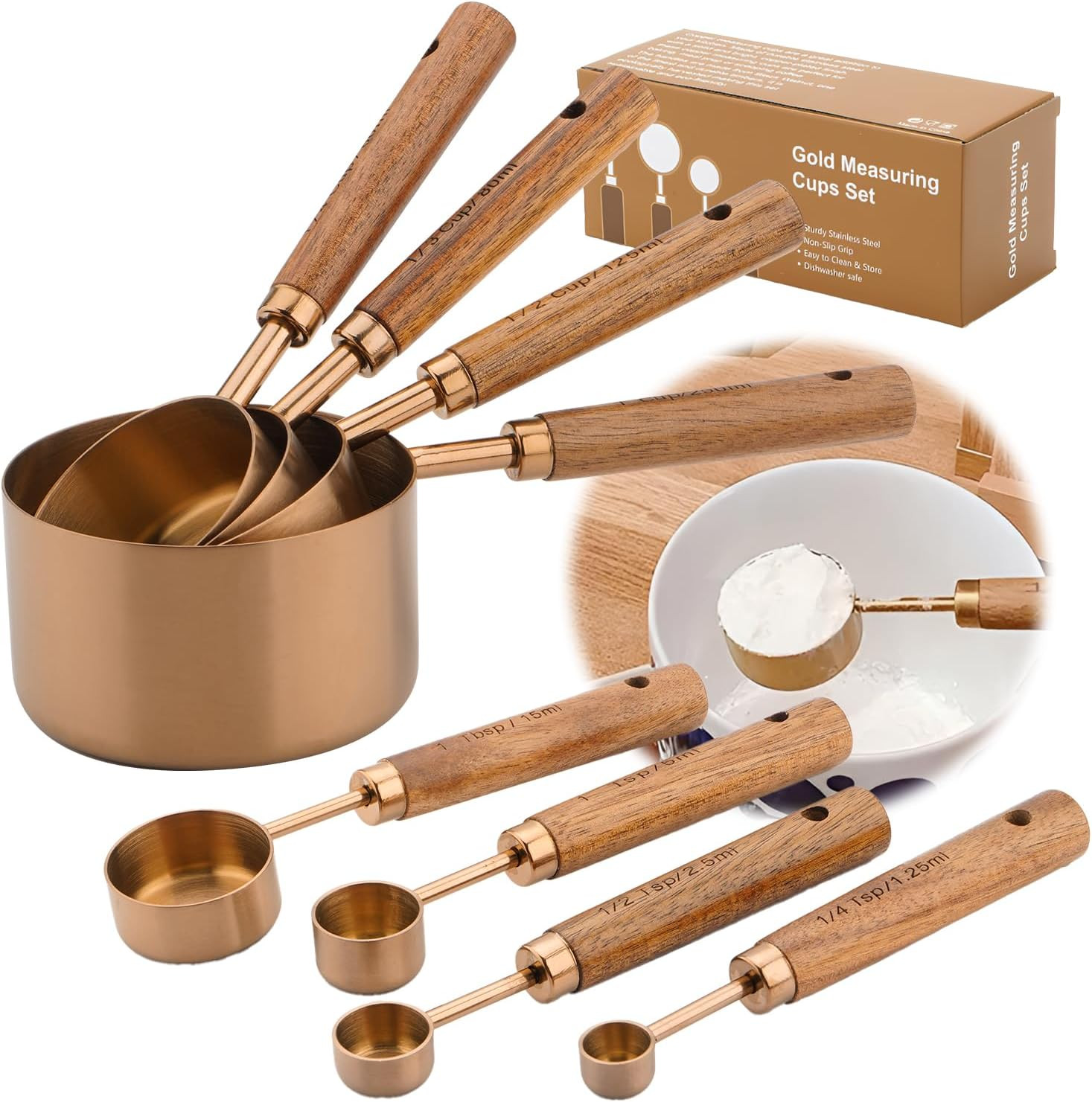 Premium Measuring Cups and Spoons Set with Wood Handle, 8-Pieces Stainless Steel Liquid and Dry M... | Amazon (US)