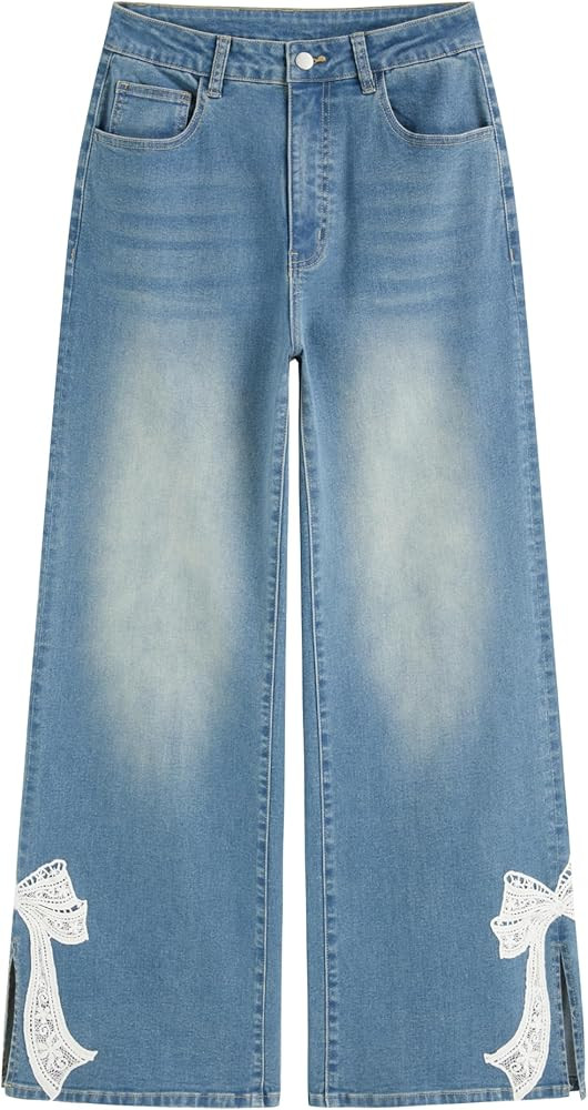 CIDER Wide Leg Jeans for Women Baggy Middle Waisted Wide Straight Leg Bow Jeans Denim Pants with ... | Amazon (US)