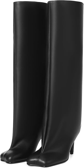 VOMIRA Women's Knee High Nude Suede Wide Calf Square Toe Stiletto Fall Winter Pull On High Heel L... | Amazon (US)