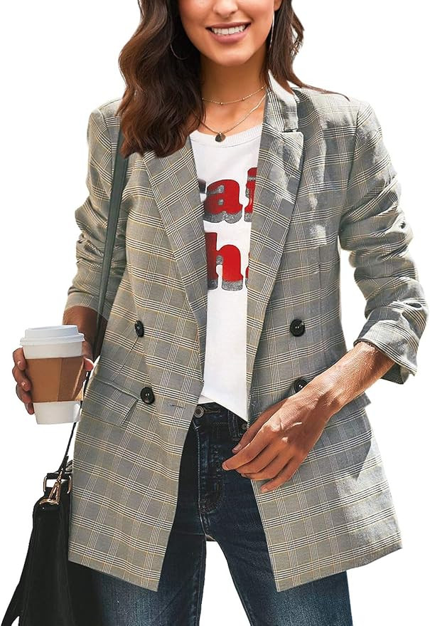 LookbookStore Women's Casual Check Plaid Loose Buttons Work Office Blazer Suit | Amazon (US)
