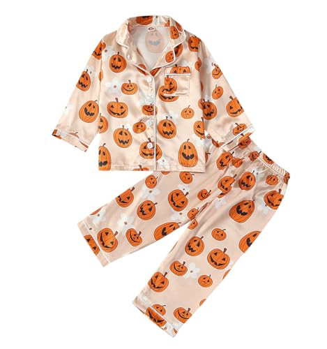 Qiylii Toddler Girls Silk Halloween Pajamas Pumpkin Print Long Sleeve Fall Pjs Button-Up Satin Pajamas Halloween Nightgown (US, Age, 3 Years, 4 Years, Orange Floral) | Amazon (US)