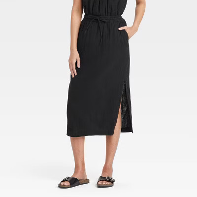 Women's Gauze Midi Pencil Skirt - Universal Thread™ Black M: Cotton Blend, Side Pocket, Tie Detail, Elastic Waistband | Target
