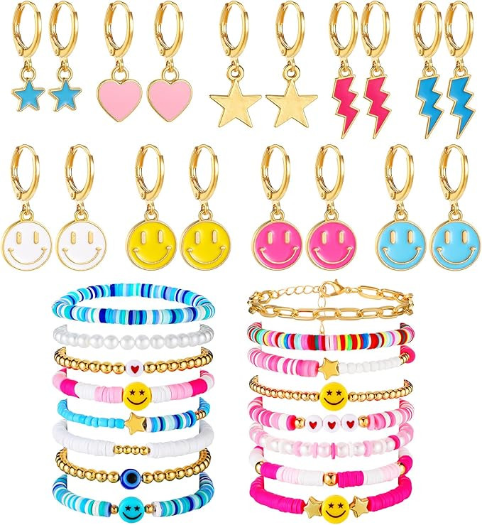 Junkin 25 Pcs Preppy Bracelets and Earrings Smile Face Jewelry Set Y2k Trendy Clay Pearl Evil Eye... | Amazon (US)